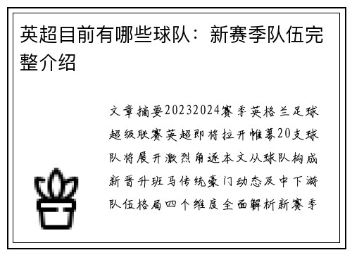 英超目前有哪些球队：新赛季队伍完整介绍